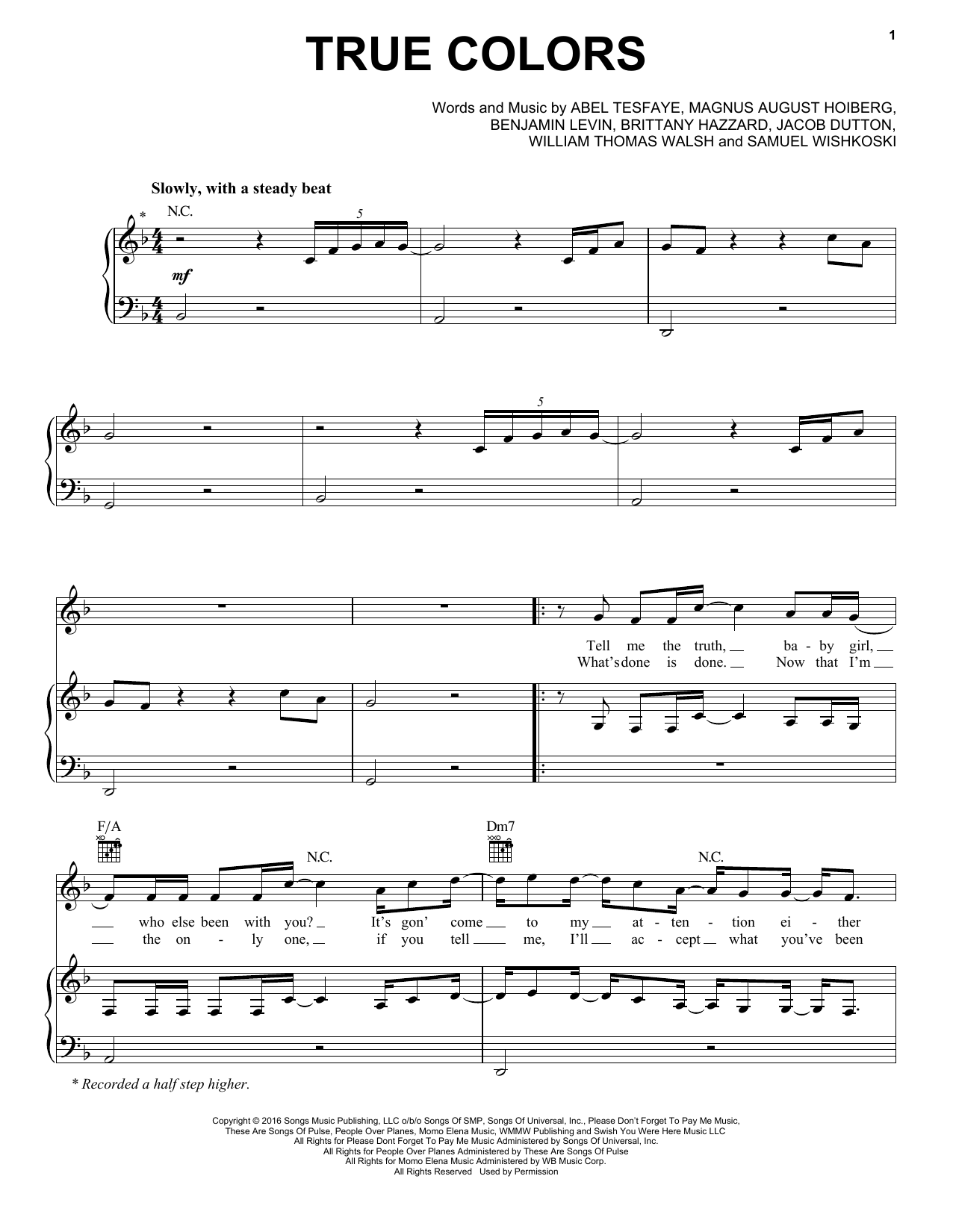 The Weeknd True Colors Sheet Music Notes & Chords for Piano, Vocal & Guitar (Right-Hand Melody) - Download or Print PDF