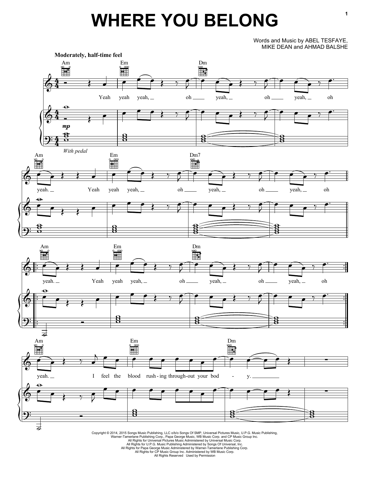 The Weeknd Where You Belong Sheet Music Notes & Chords for Piano, Vocal & Guitar (Right-Hand Melody) - Download or Print PDF