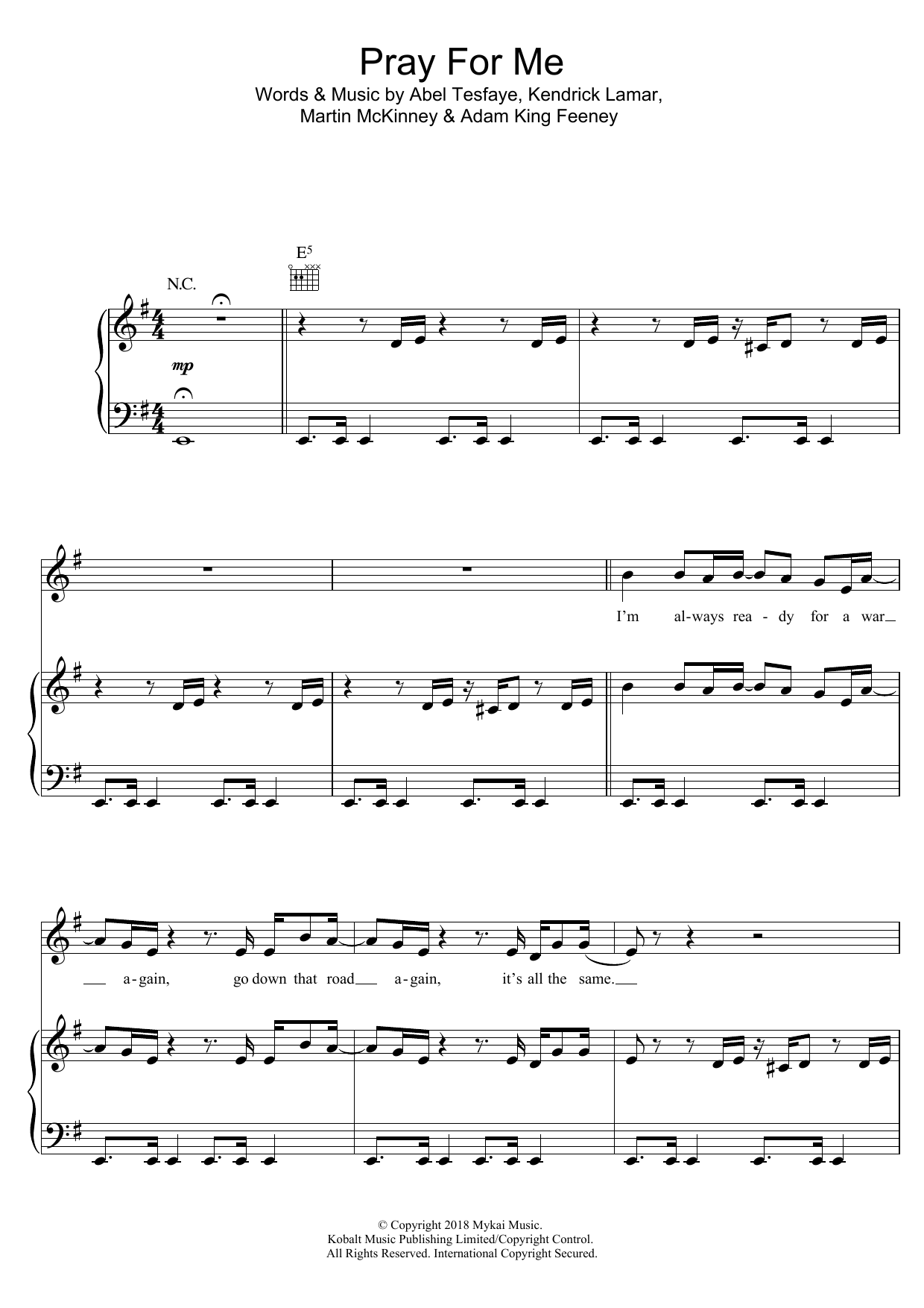 The Weeknd with Kendrick Lamar Pray For Me Sheet Music Notes & Chords for Piano, Vocal & Guitar (Right-Hand Melody) - Download or Print PDF