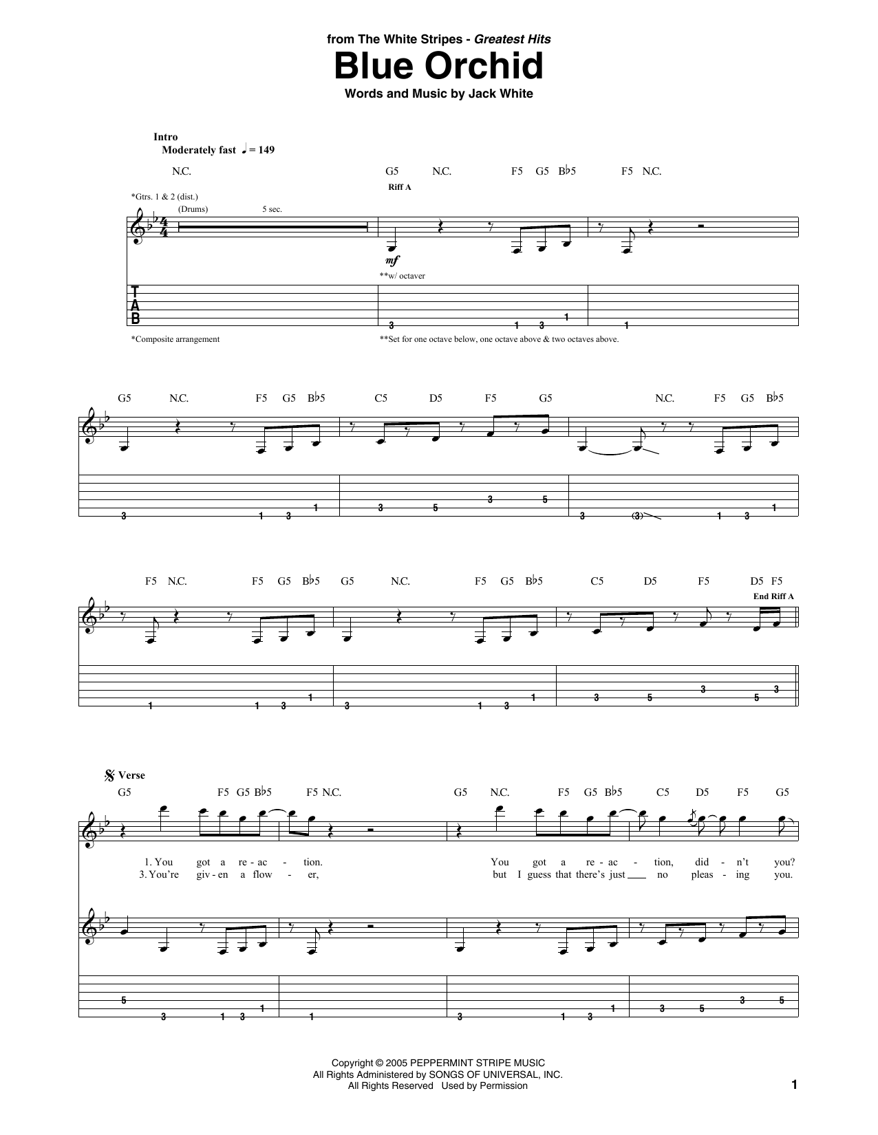 The White Stripes Blue Orchid Sheet Music Notes & Chords for Guitar Tab - Download or Print PDF