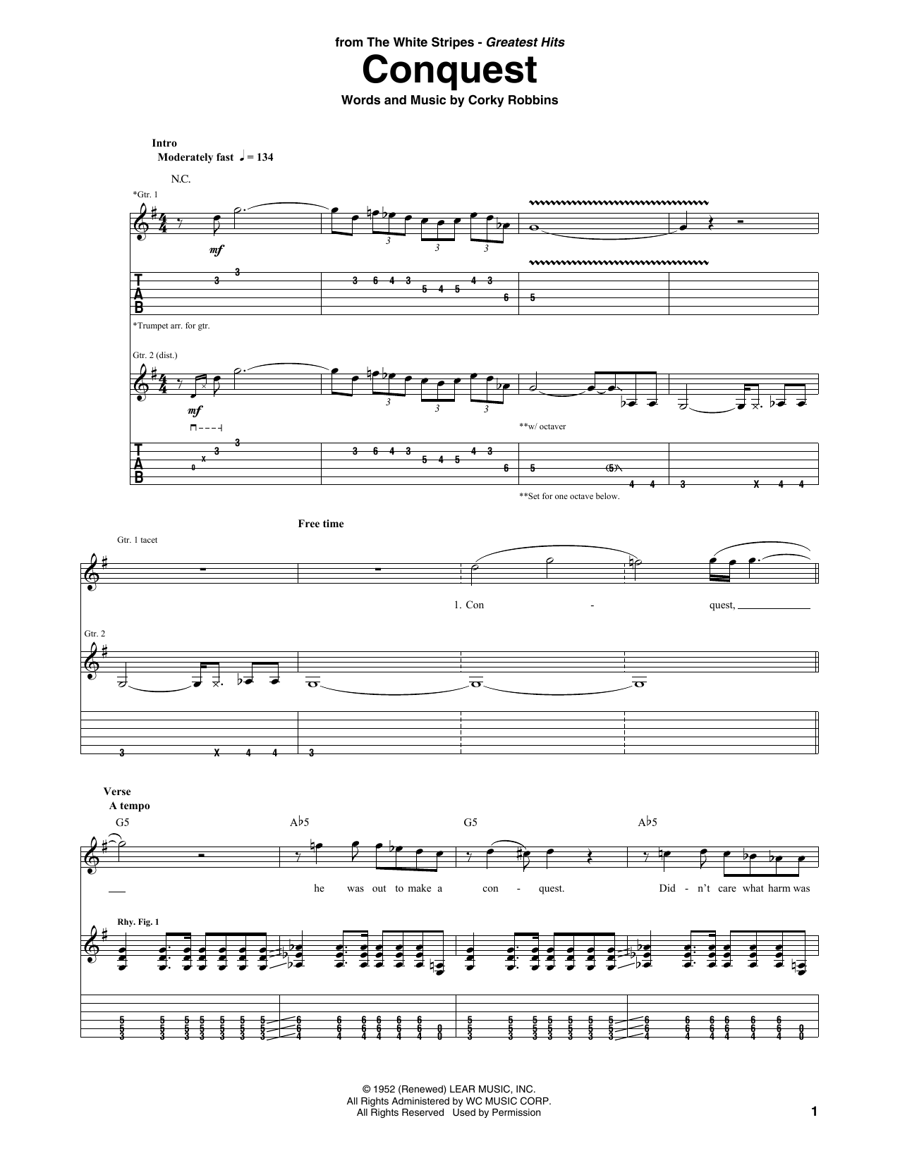 The White Stripes Conquest Sheet Music Notes & Chords for Guitar Tab - Download or Print PDF