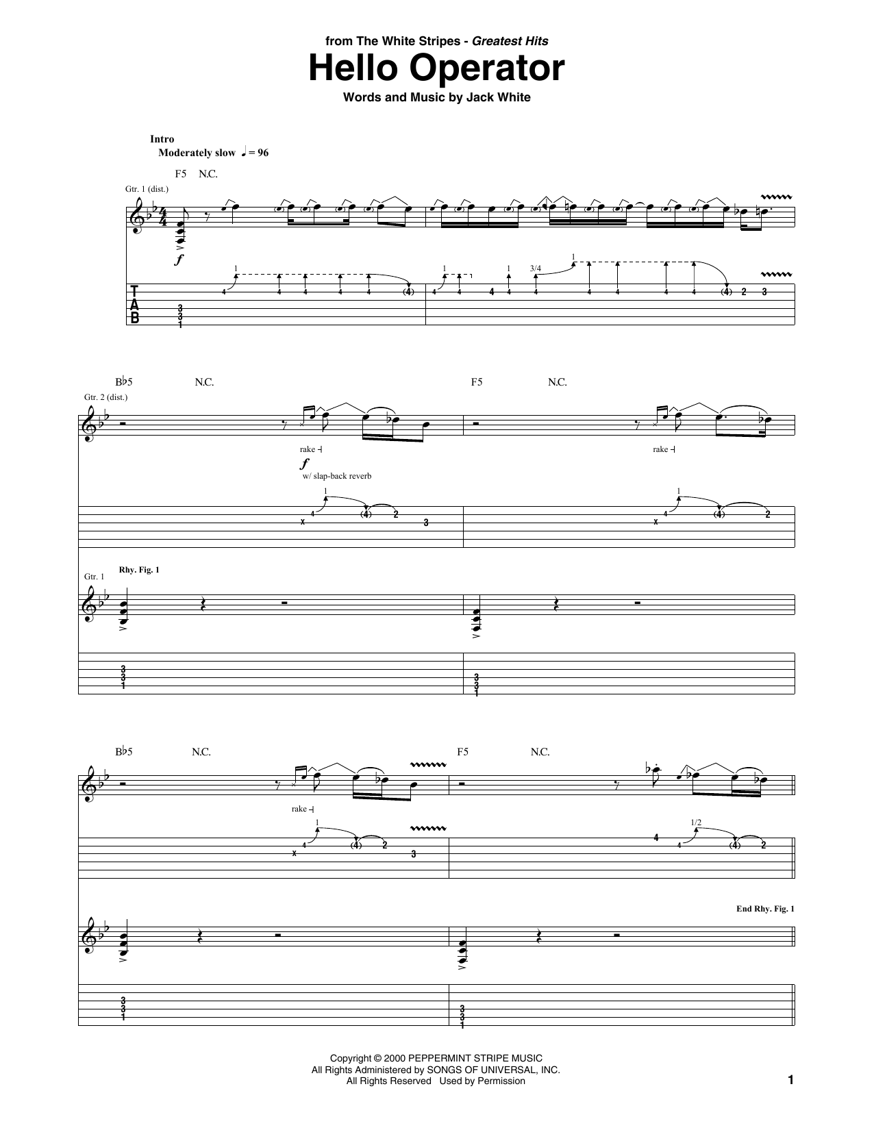 The White Stripes Hello Operator Sheet Music Notes & Chords for Guitar Tab - Download or Print PDF