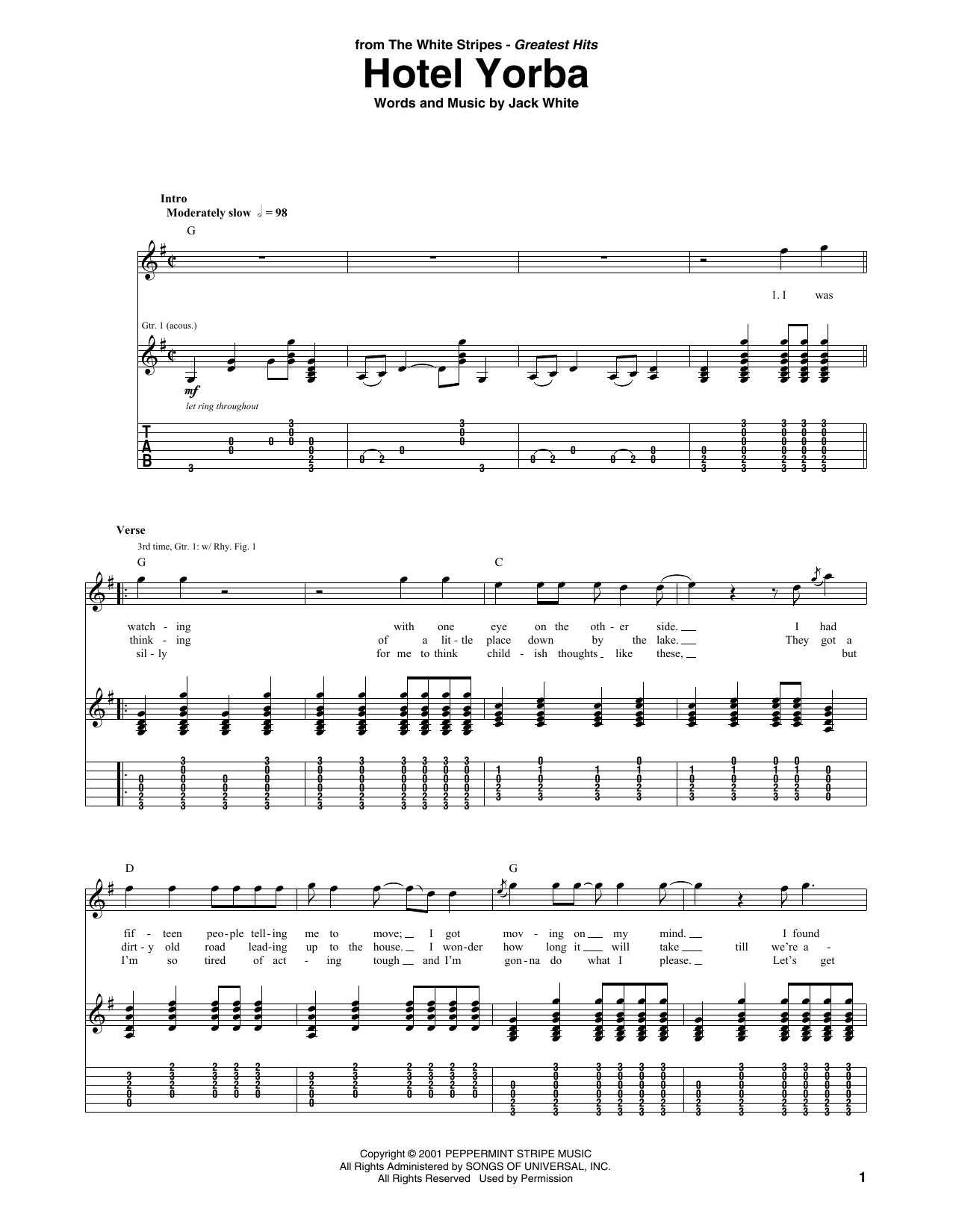 The White Stripes Hotel Yorba Sheet Music Notes & Chords for Guitar Tab - Download or Print PDF