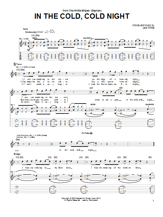 The White Stripes In The Cold, Cold Night Sheet Music Notes & Chords for Guitar Tab - Download or Print PDF
