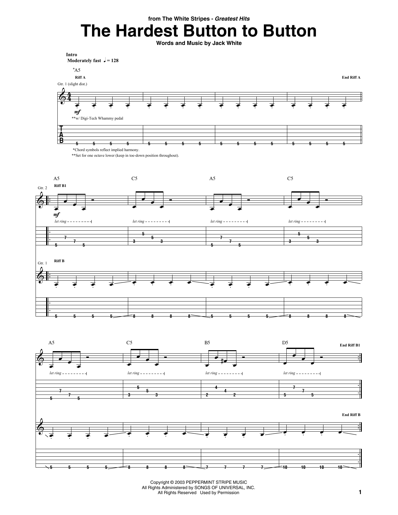 The White Stripes The Hardest Button To Button Sheet Music Notes & Chords for Guitar Tab - Download or Print PDF