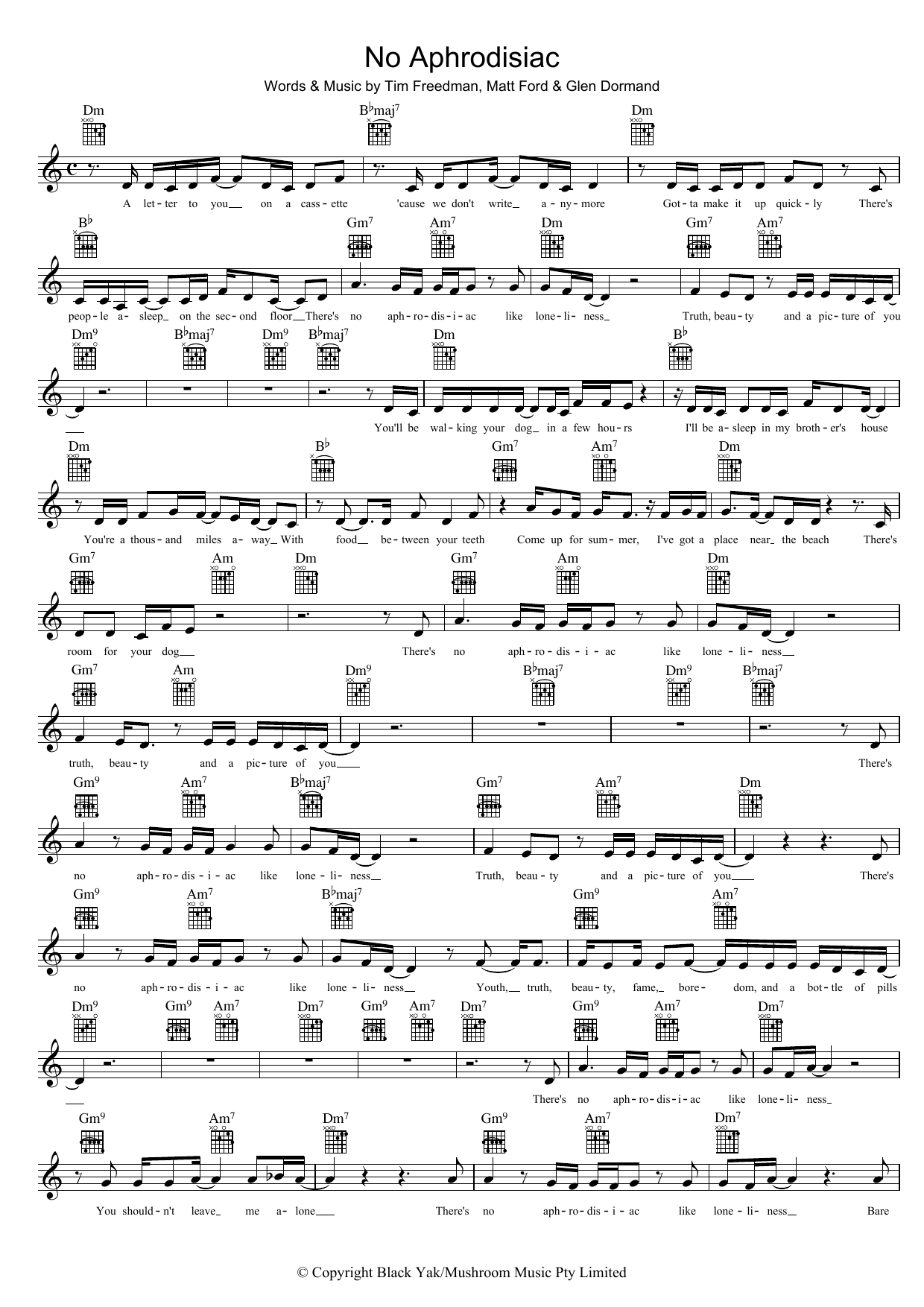 The Whitlams No Aphrodisiac Sheet Music Notes & Chords for Melody Line, Lyrics & Chords - Download or Print PDF