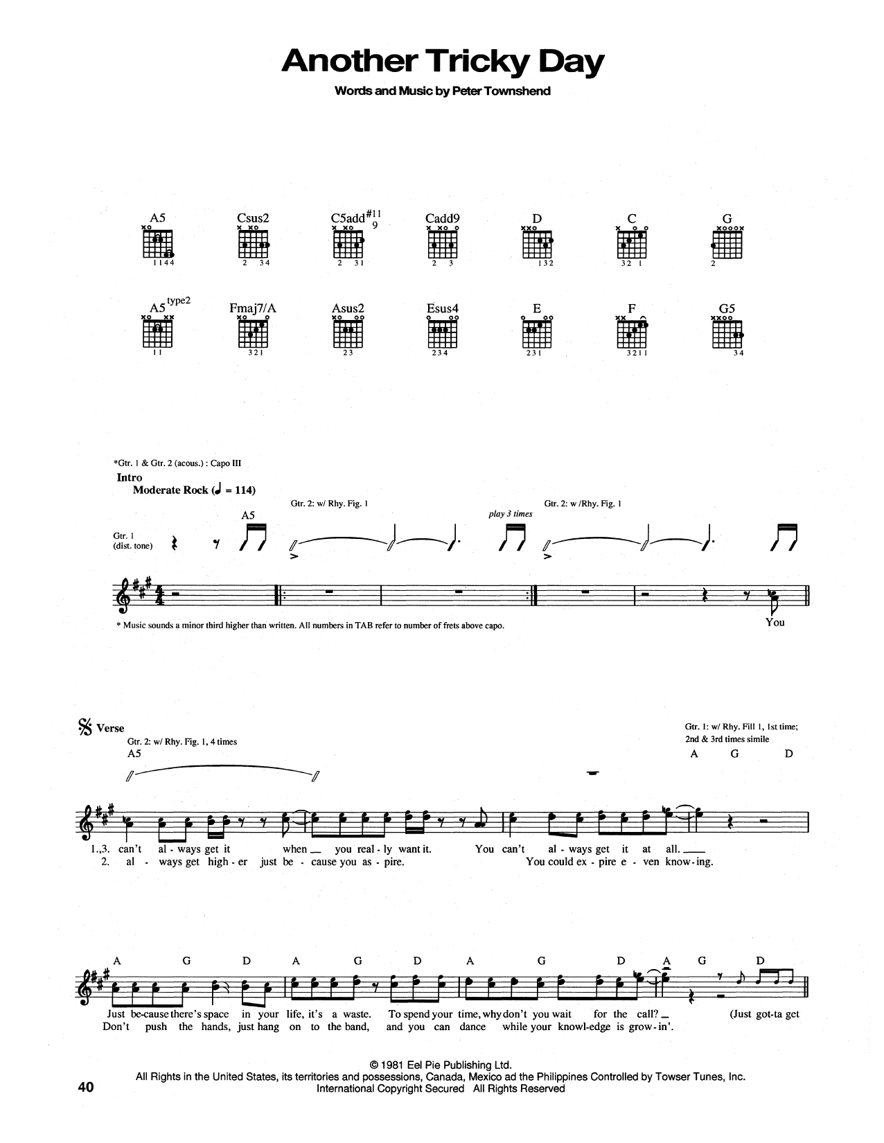 The Who Another Tricky Day Sheet Music Notes & Chords for Piano, Vocal & Guitar Chords (Right-Hand Melody) - Download or Print PDF
