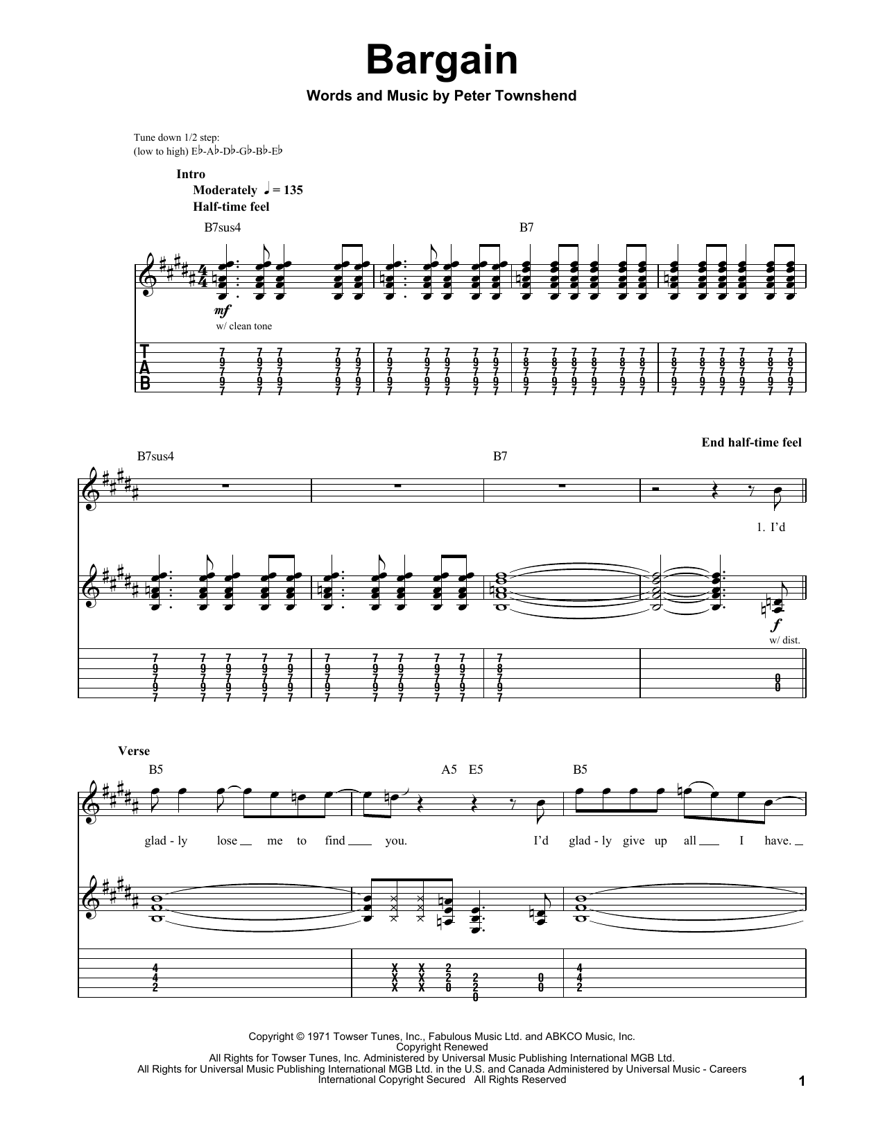 The Who Bargain Sheet Music Notes & Chords for Easy Guitar with TAB - Download or Print PDF