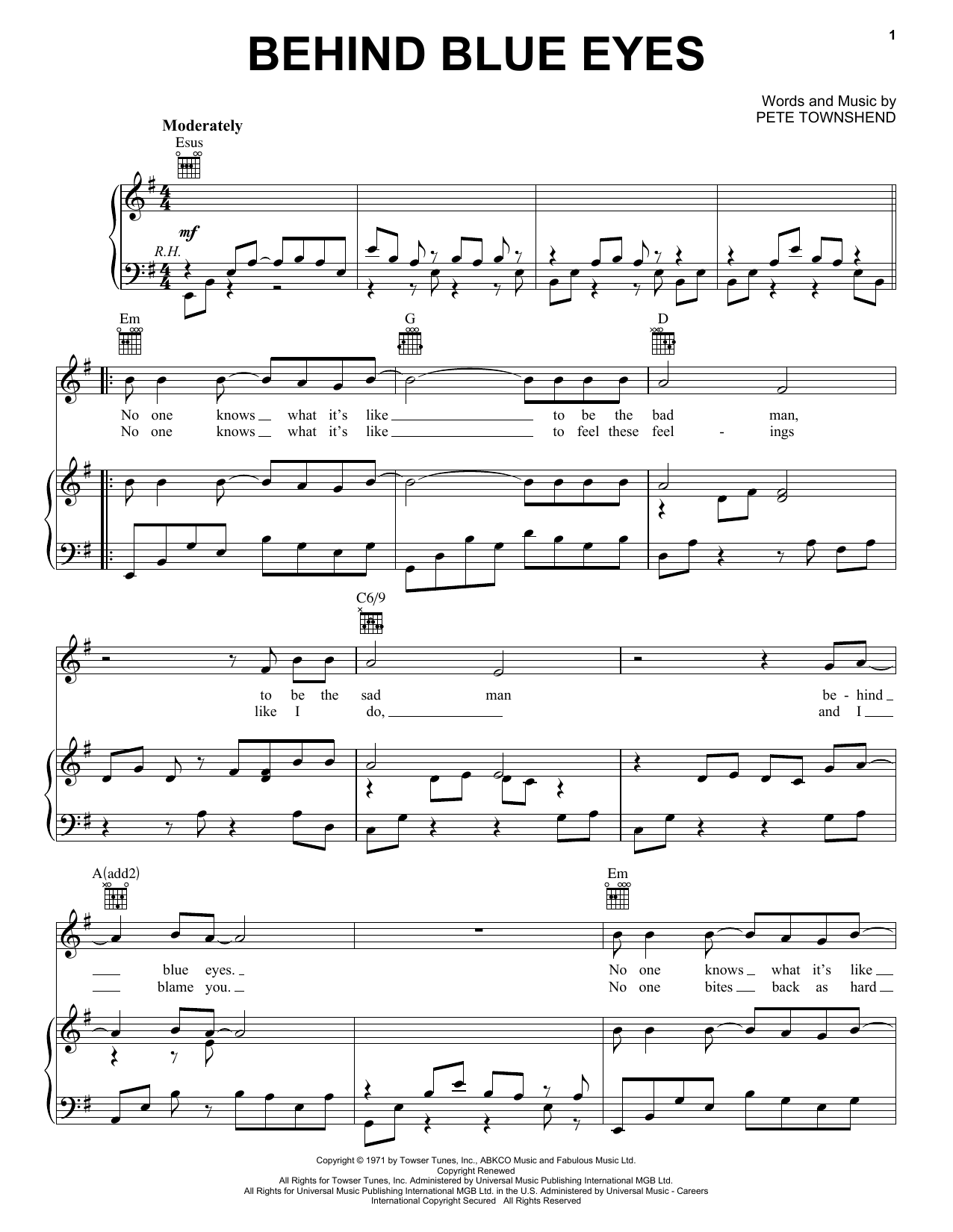 The Who Behind Blue Eyes Sheet Music Notes & Chords for Piano, Vocal & Guitar (Right-Hand Melody) - Download or Print PDF