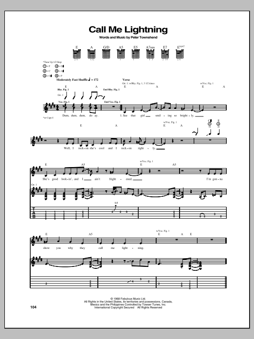 The Who Call Me Lightning Sheet Music Notes & Chords for Guitar Tab - Download or Print PDF
