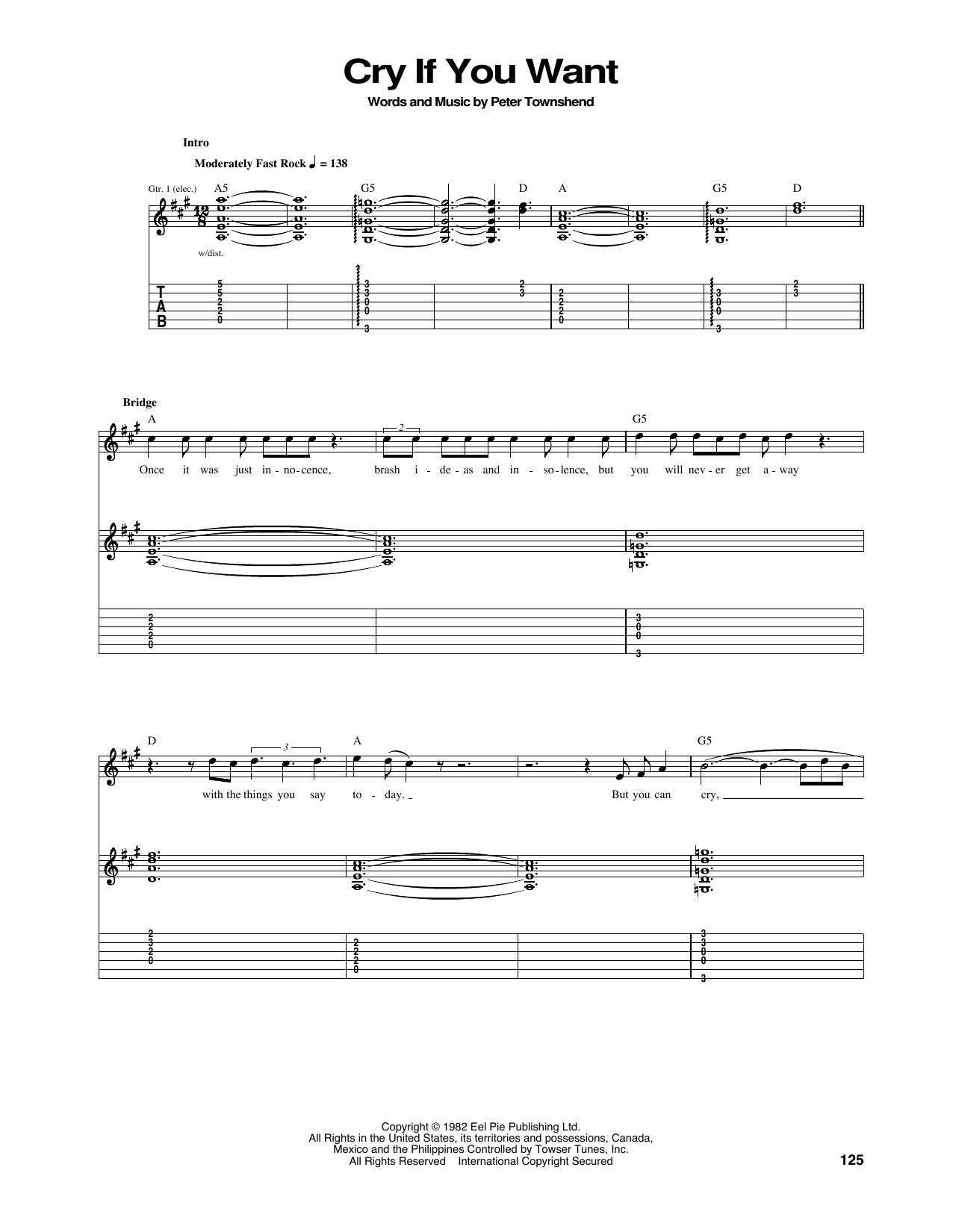 The Who Cry If You Want Sheet Music Notes & Chords for Guitar Tab - Download or Print PDF
