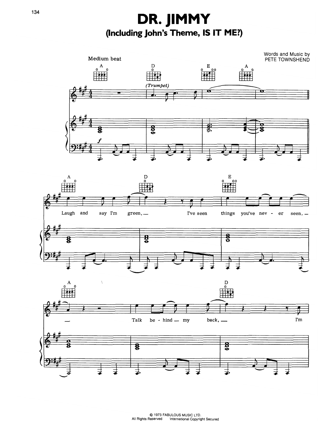 The Who Doctor Jimmy Sheet Music Notes & Chords for Piano, Vocal & Guitar Chords (Right-Hand Melody) - Download or Print PDF