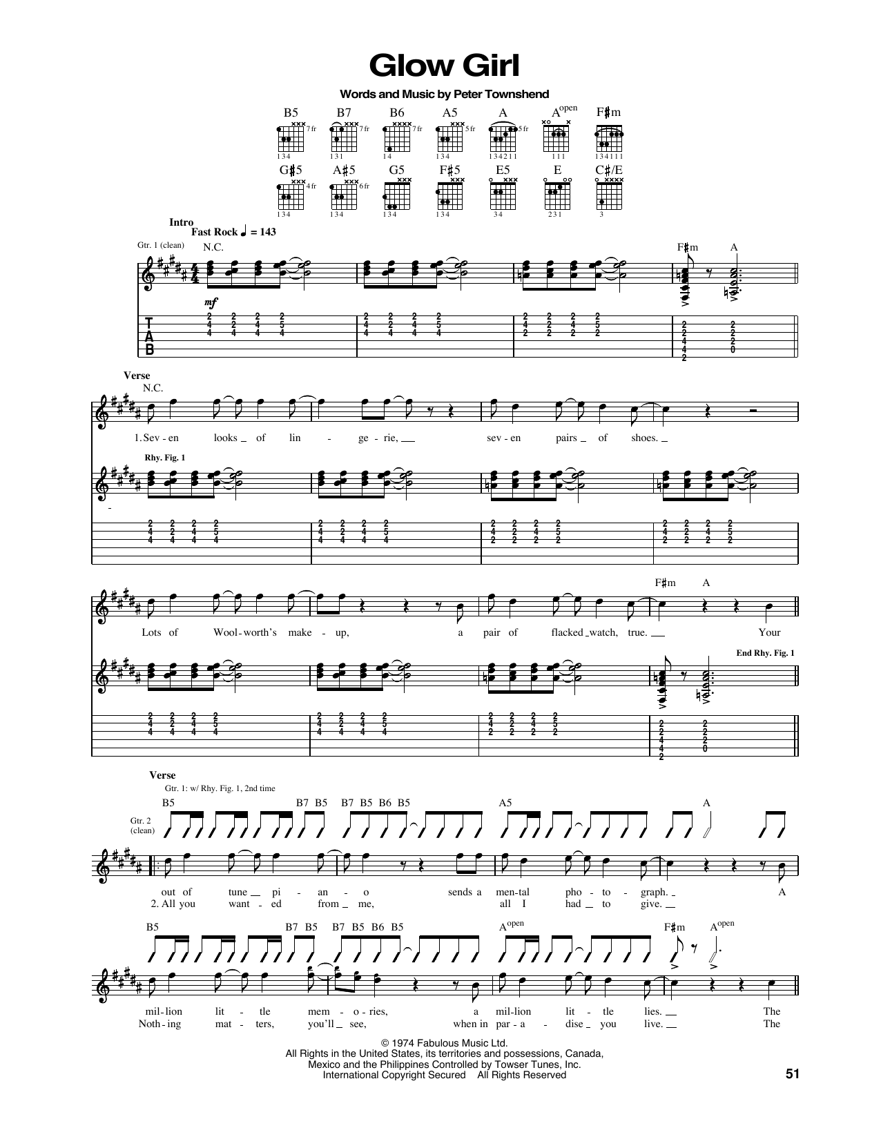 The Who Glow Girl Sheet Music Notes & Chords for Guitar Tab - Download or Print PDF