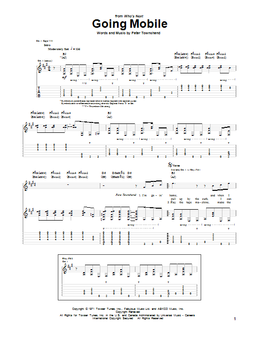 The Who Going Mobile Sheet Music Notes & Chords for Guitar Tab - Download or Print PDF