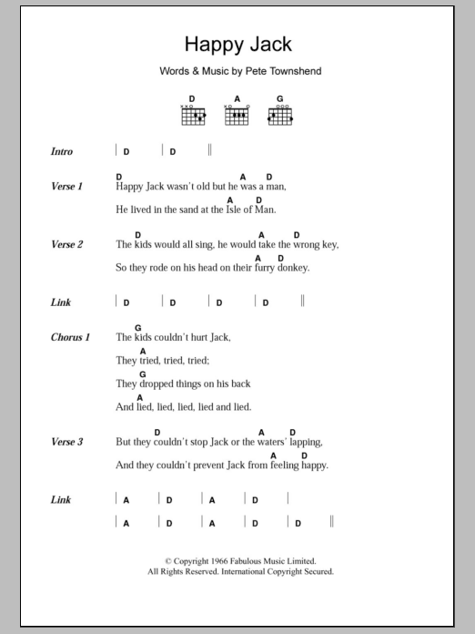 The Who Happy Jack Sheet Music Notes & Chords for Lyrics & Chords - Download or Print PDF