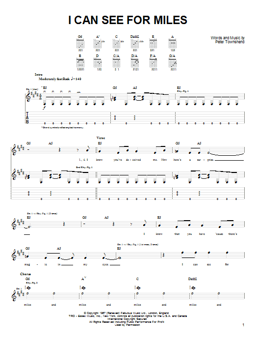 The Who I Can See For Miles Sheet Music Notes & Chords for Easy Guitar Tab - Download or Print PDF