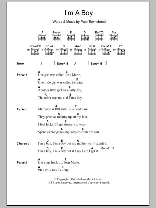 The Who I'm A Boy Sheet Music Notes & Chords for Lyrics & Chords - Download or Print PDF