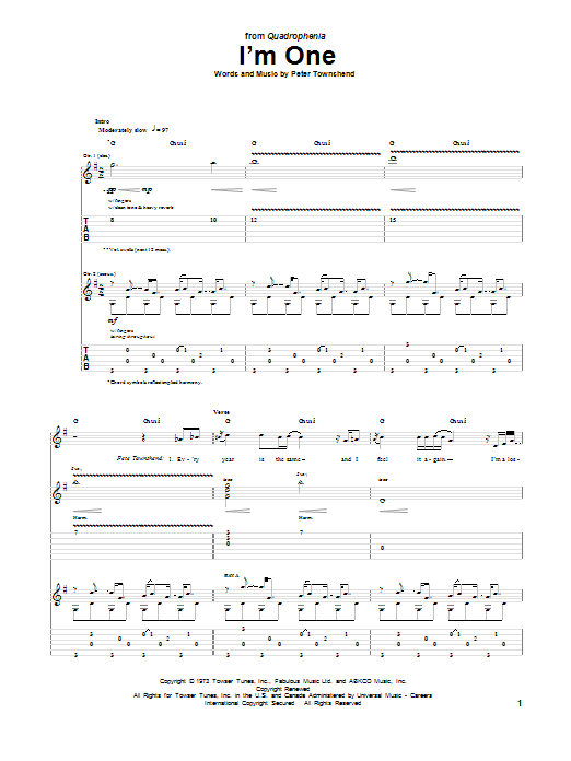 The Who I'm One Sheet Music Notes & Chords for Guitar Tab - Download or Print PDF