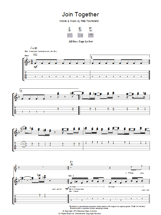 The Who Join Together Sheet Music Notes & Chords for Easy Guitar with TAB - Download or Print PDF
