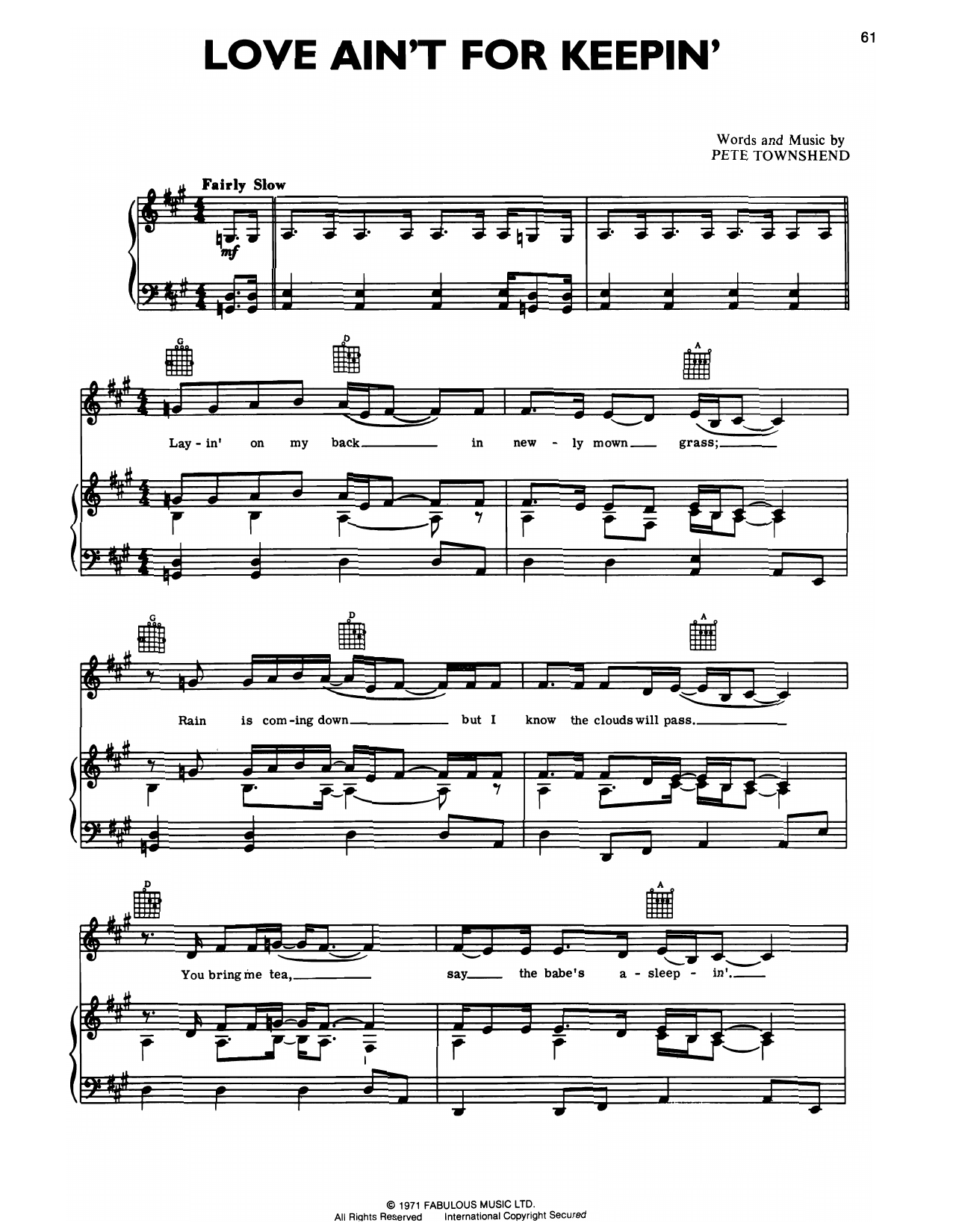 The Who Love Ain't For Keeping Sheet Music Notes & Chords for Piano, Vocal & Guitar Chords (Right-Hand Melody) - Download or Print PDF