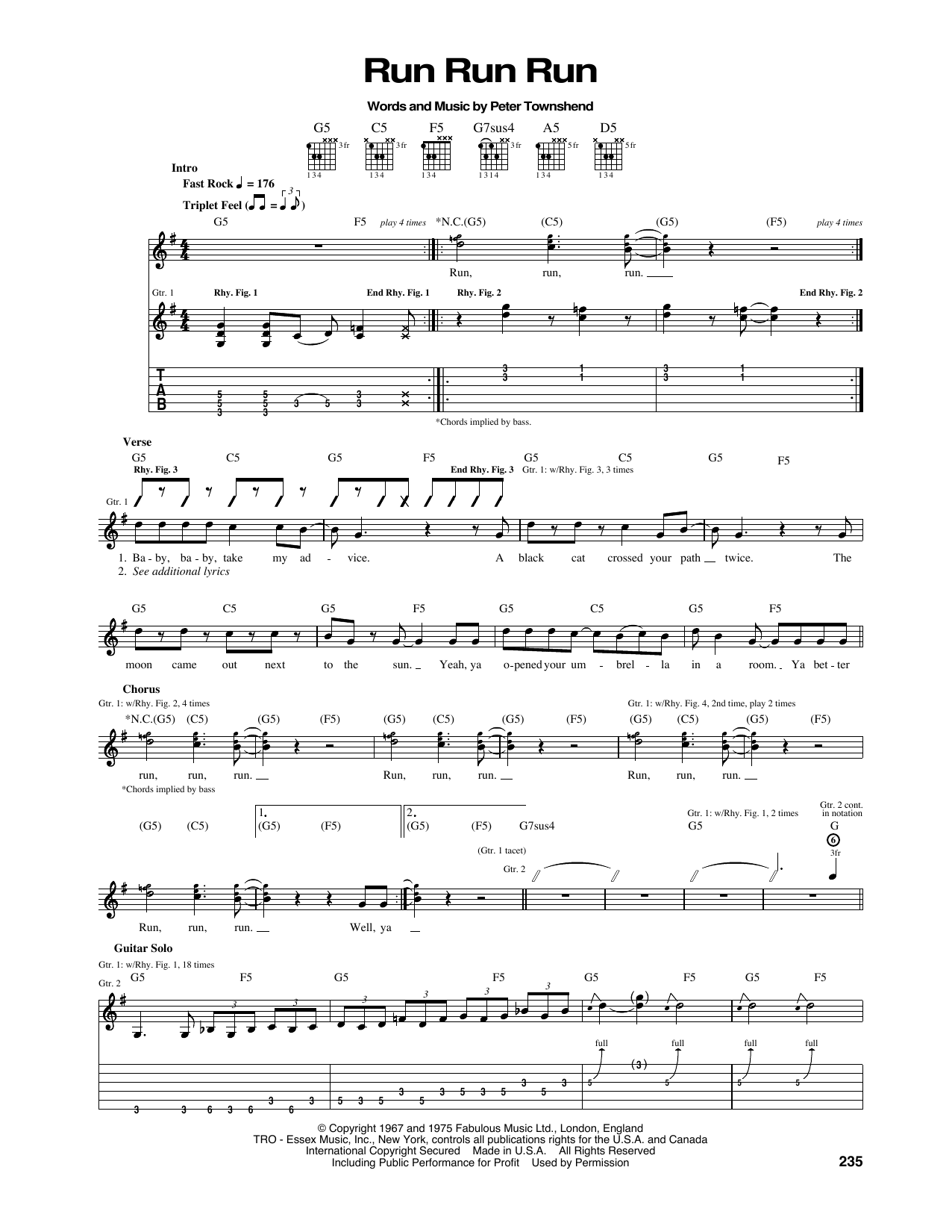 The Who Run Run Run Sheet Music Notes & Chords for Guitar Tab - Download or Print PDF