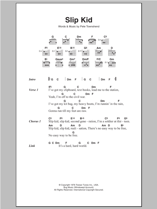 The Who Slip Kid Sheet Music Notes & Chords for Piano, Vocal & Guitar Chords (Right-Hand Melody) - Download or Print PDF