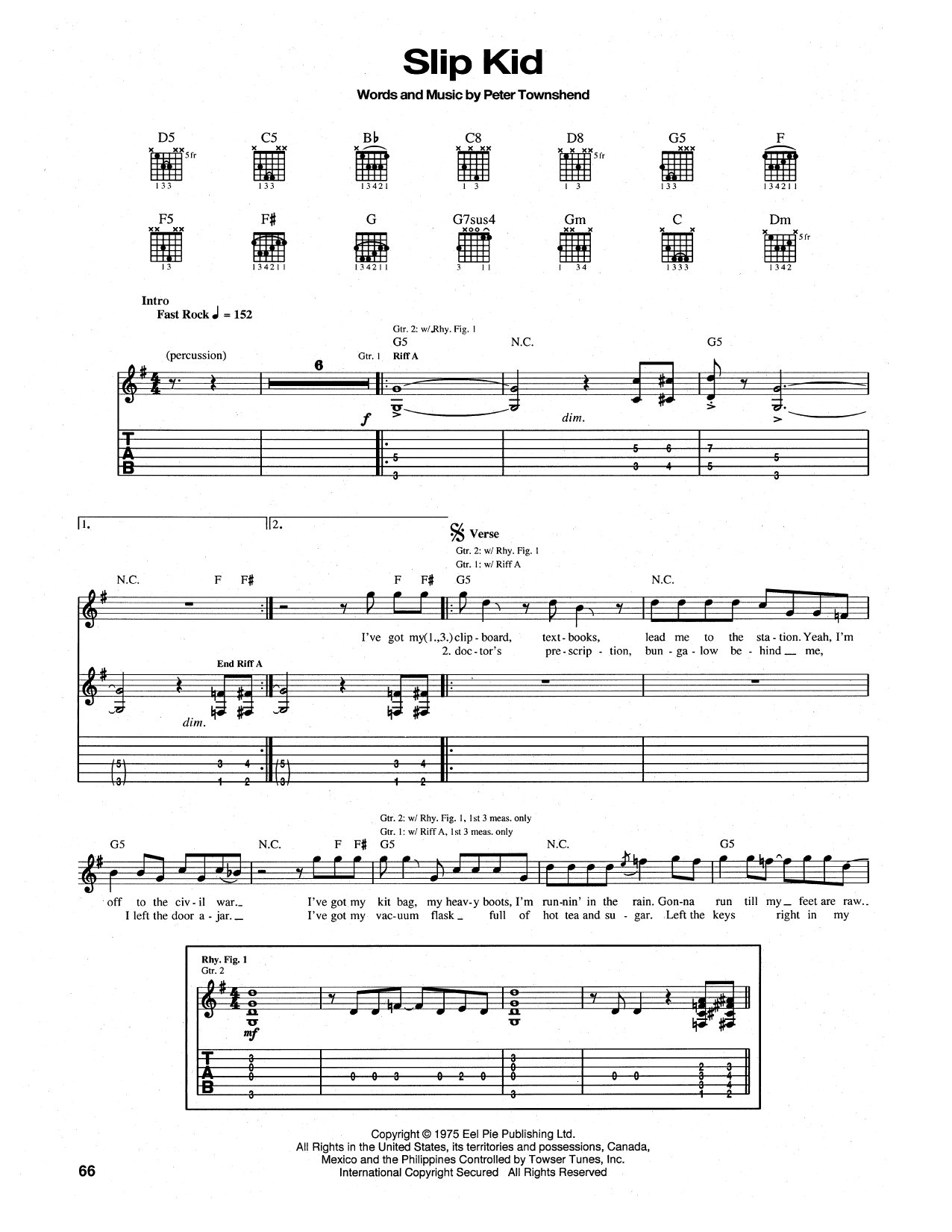 The Who Slip Kid Sheet Music Notes & Chords for Piano, Vocal & Guitar Chords (Right-Hand Melody) - Download or Print PDF