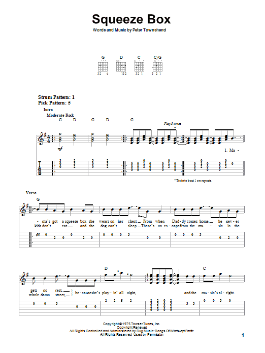 The Who Squeeze Box Sheet Music Notes & Chords for Easy Guitar Tab - Download or Print PDF