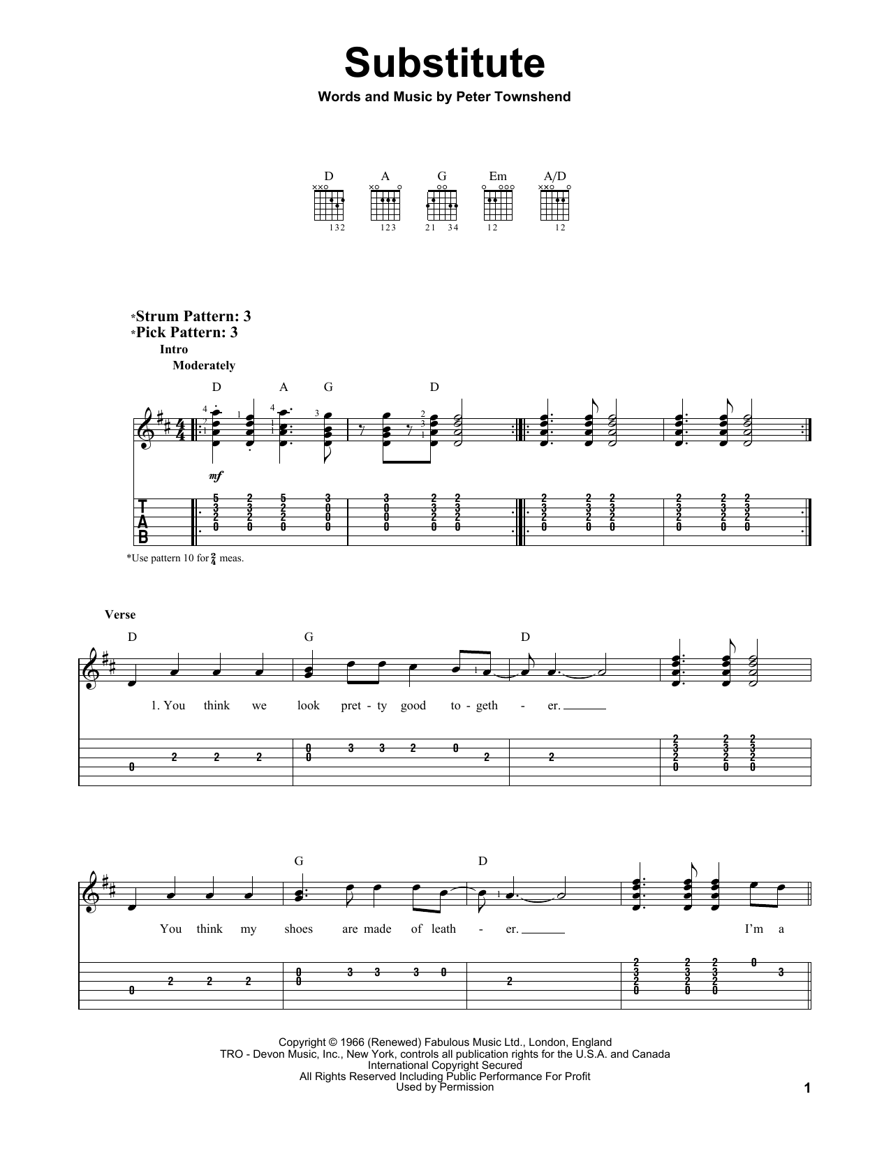 The Who Substitute Sheet Music Notes & Chords for Melody Line, Lyrics & Chords - Download or Print PDF