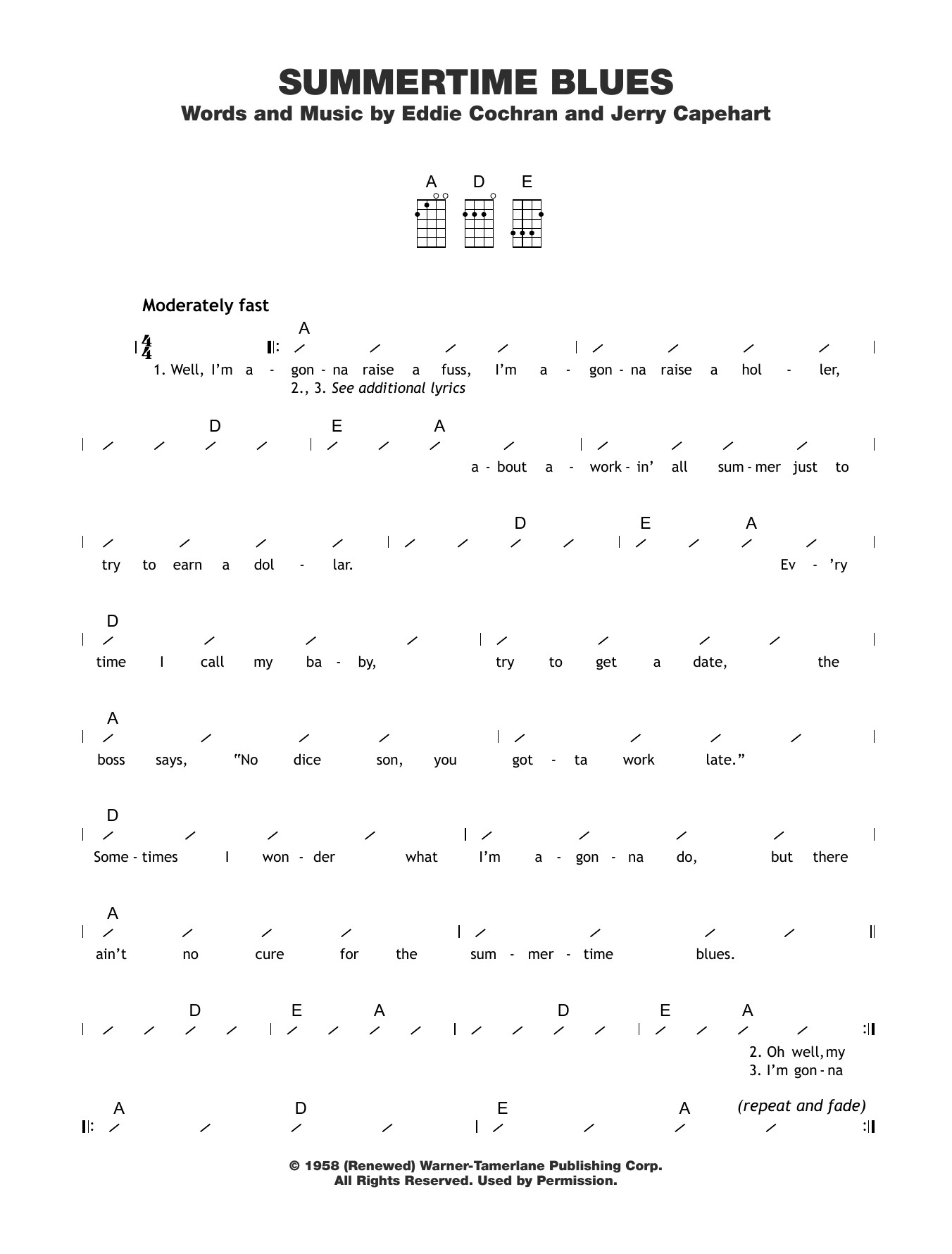 The Who Summertime Blues Sheet Music Notes & Chords for Ukulele with strumming patterns - Download or Print PDF