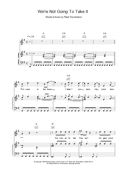 The Who We're Not Going To Take It Sheet Music Notes & Chords for Piano, Vocal & Guitar (Right-Hand Melody) - Download or Print PDF