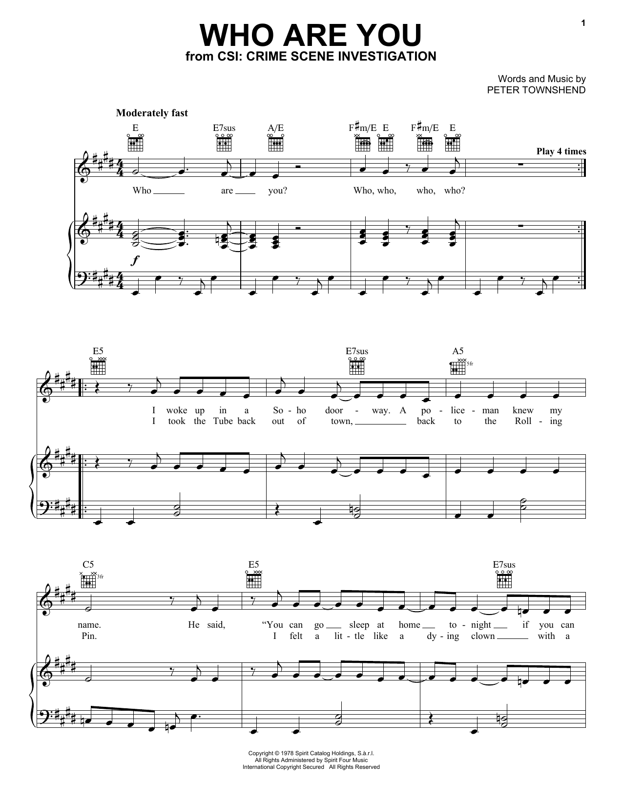 The Who Who Are You (from CSI: Crime Scene Investigation) Sheet Music Notes & Chords for Piano, Vocal & Guitar (Right-Hand Melody) - Download or Print PDF
