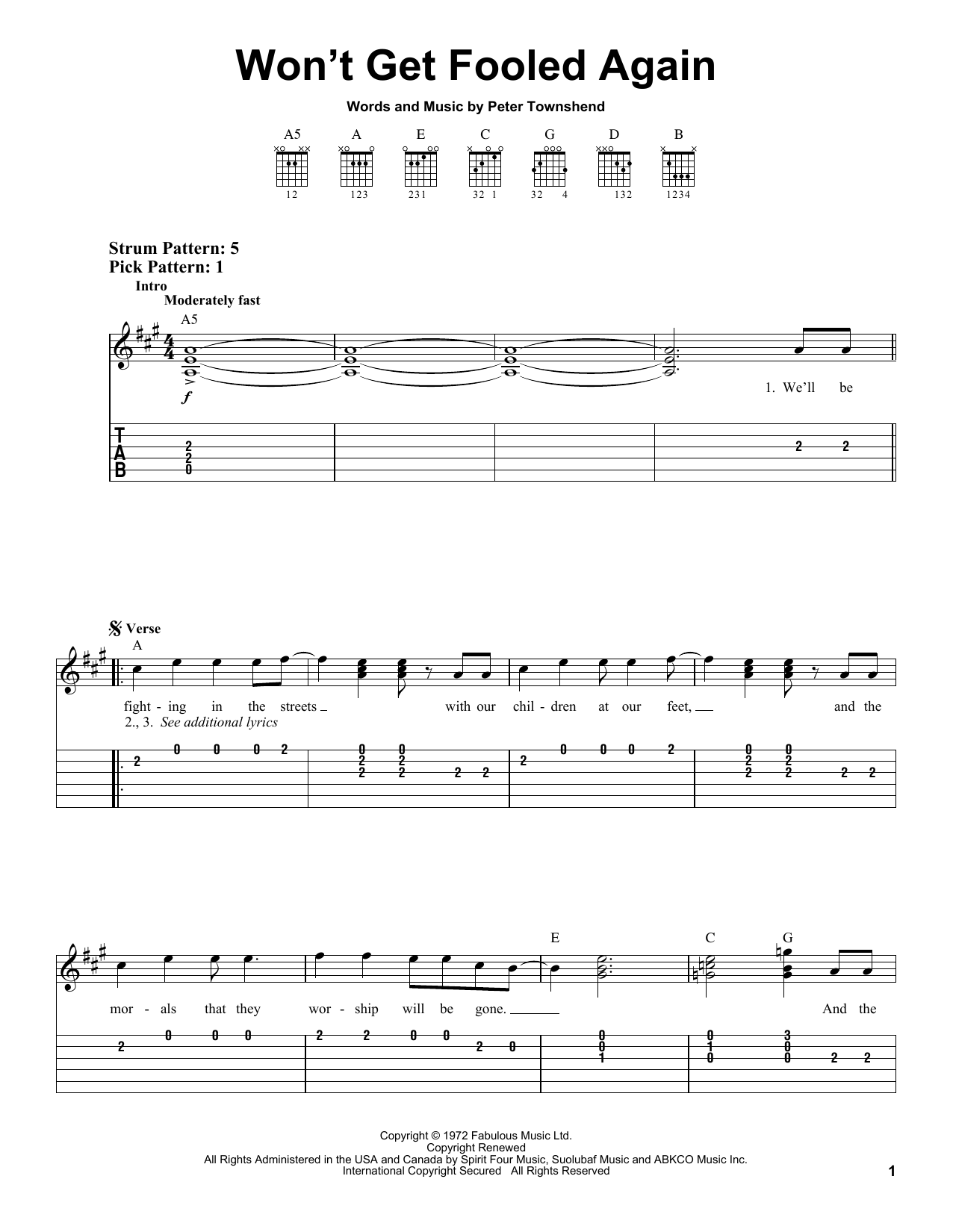 The Who Won't Get Fooled Again Sheet Music Notes & Chords for Melody Line, Lyrics & Chords - Download or Print PDF