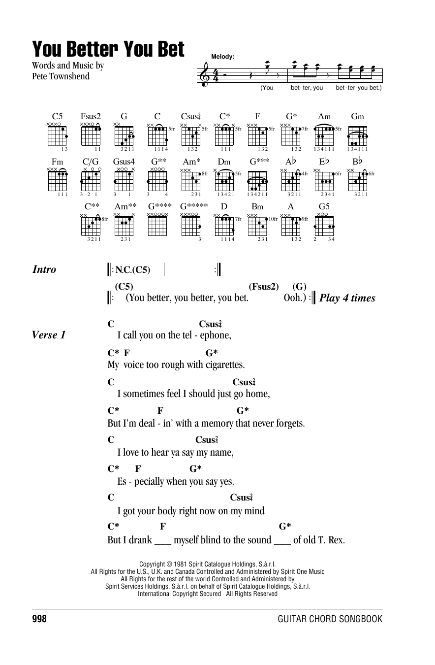 The Who You Better You Bet Sheet Music Notes & Chords for Easy Guitar Tab - Download or Print PDF