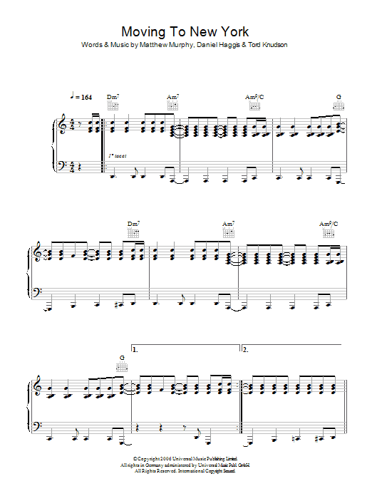 The Wombats Moving To New York Sheet Music Notes & Chords for Piano, Vocal & Guitar - Download or Print PDF