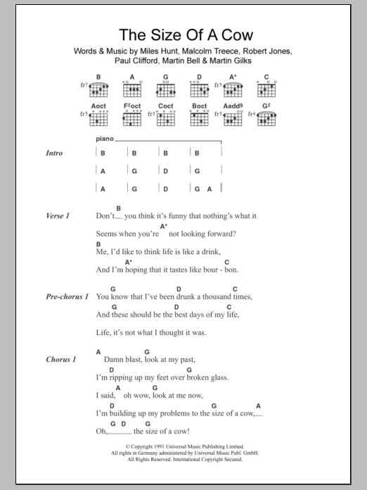 The Wonder Stuff The Size Of A Cow Sheet Music Notes & Chords for Lyrics & Chords - Download or Print PDF The Wonder Stuff The Size Of A Cow Sheet Music Notes & Chords for Lyrics & Chords - Download or Print PDF
