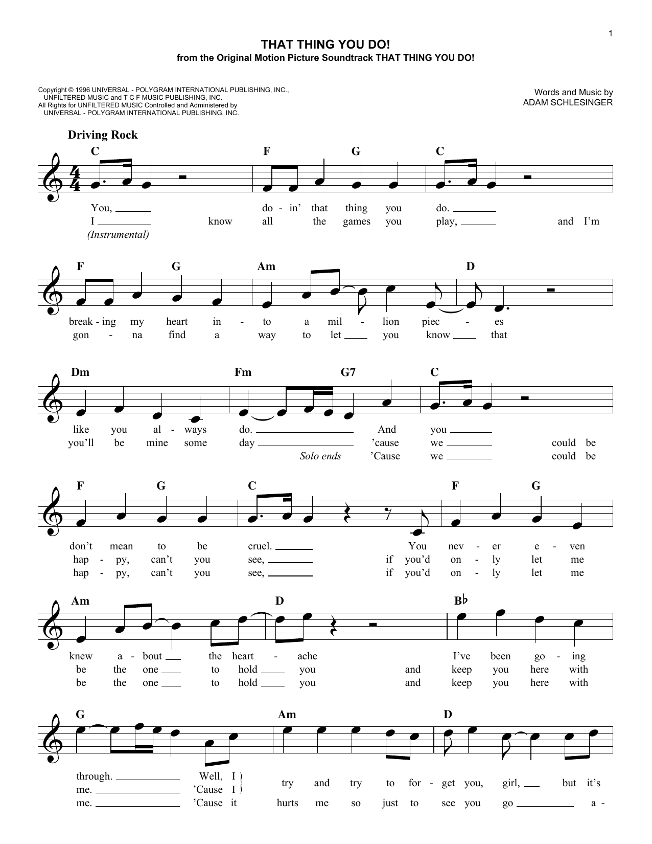 The Wonders That Thing You Do! Sheet Music Notes & Chords for Piano, Vocal & Guitar Chords (Right-Hand Melody) - Download or Print PDF