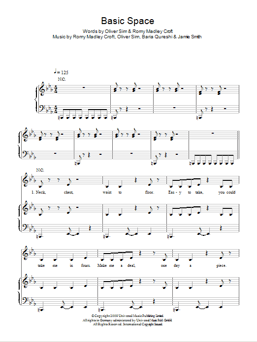 The XX Basic Space Sheet Music Notes & Chords for Piano, Vocal & Guitar (Right-Hand Melody) - Download or Print PDF