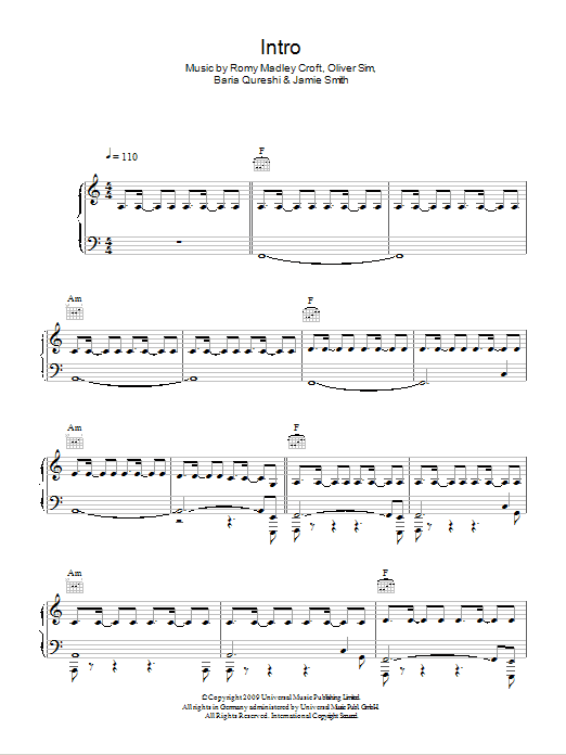 The XX Intro Sheet Music Notes & Chords for Piano, Vocal & Guitar (Right-Hand Melody) - Download or Print PDF