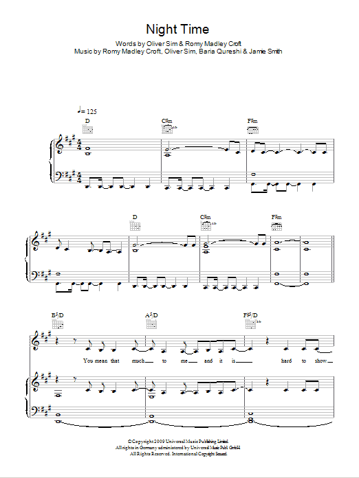 The XX Night Time Sheet Music Notes & Chords for Piano, Vocal & Guitar (Right-Hand Melody) - Download or Print PDF