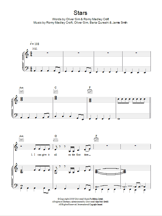 The XX Stars Sheet Music Notes & Chords for Piano, Vocal & Guitar (Right-Hand Melody) - Download or Print PDF