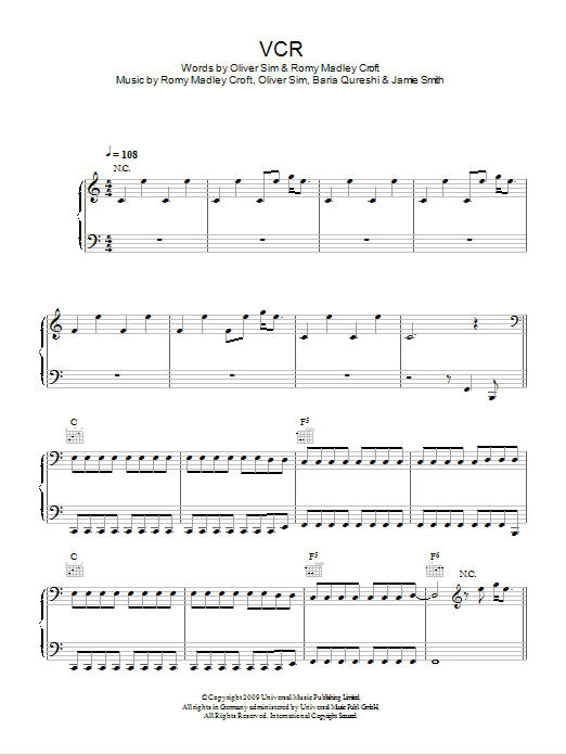 The XX VCR Sheet Music Notes & Chords for Piano, Vocal & Guitar (Right-Hand Melody) - Download or Print PDF