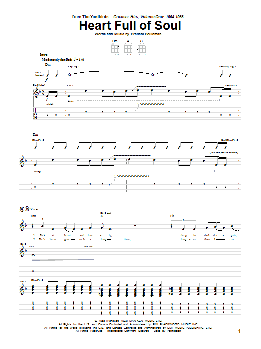 The Yardbirds Heart Full Of Soul Sheet Music Notes & Chords for Easy Guitar Tab - Download or Print PDF