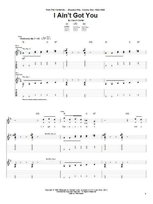 The Yardbirds I Ain't Got You Sheet Music Notes & Chords for Guitar Tab Play-Along - Download or Print PDF
