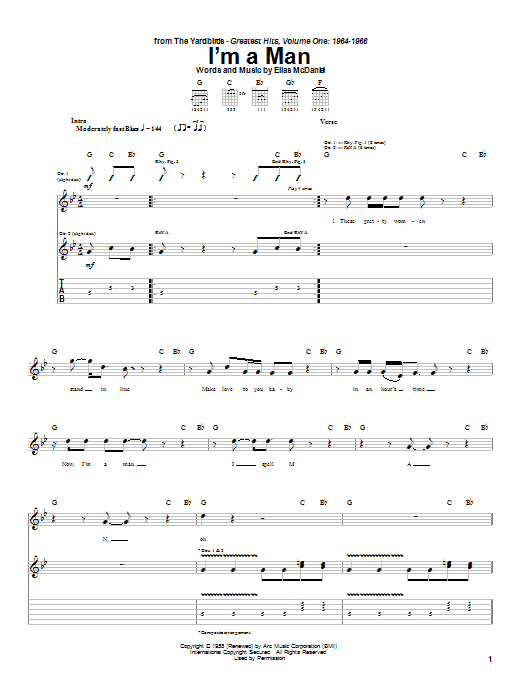 The Yardbirds I'm A Man Sheet Music Notes & Chords for Guitar Tab - Download or Print PDF