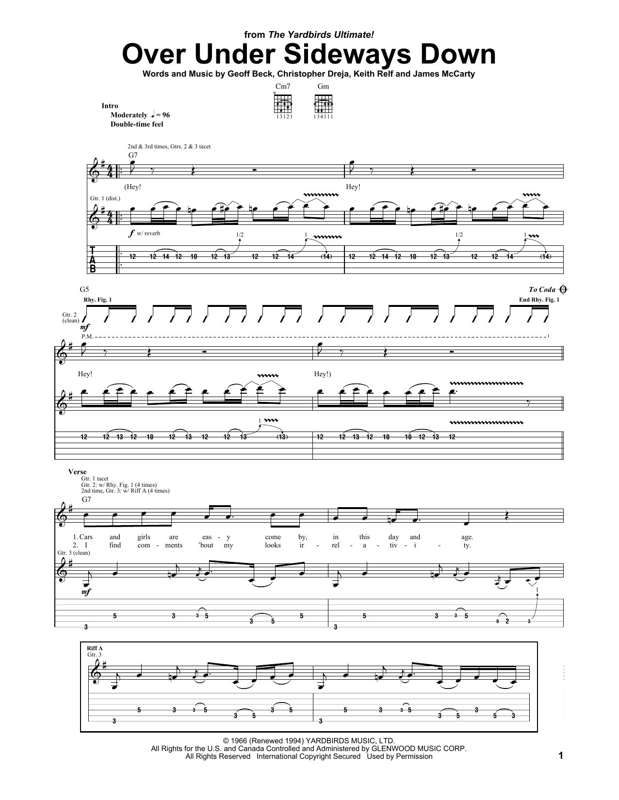 The Yardbirds Over Under Sideways Down Sheet Music Notes & Chords for Guitar Tab - Download or Print PDF