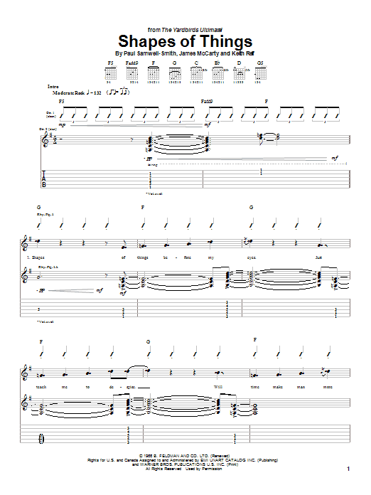 The Yardbirds Shapes Of Things Sheet Music Notes & Chords for Guitar Tab - Download or Print PDF