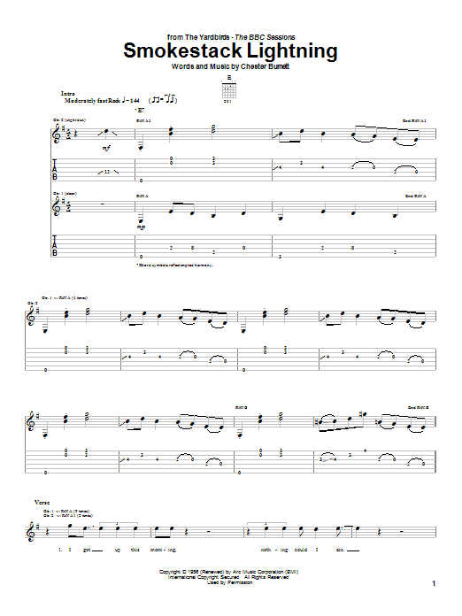 The Yardbirds Smokestack Lightning Sheet Music Notes & Chords for Guitar Tab - Download or Print PDF