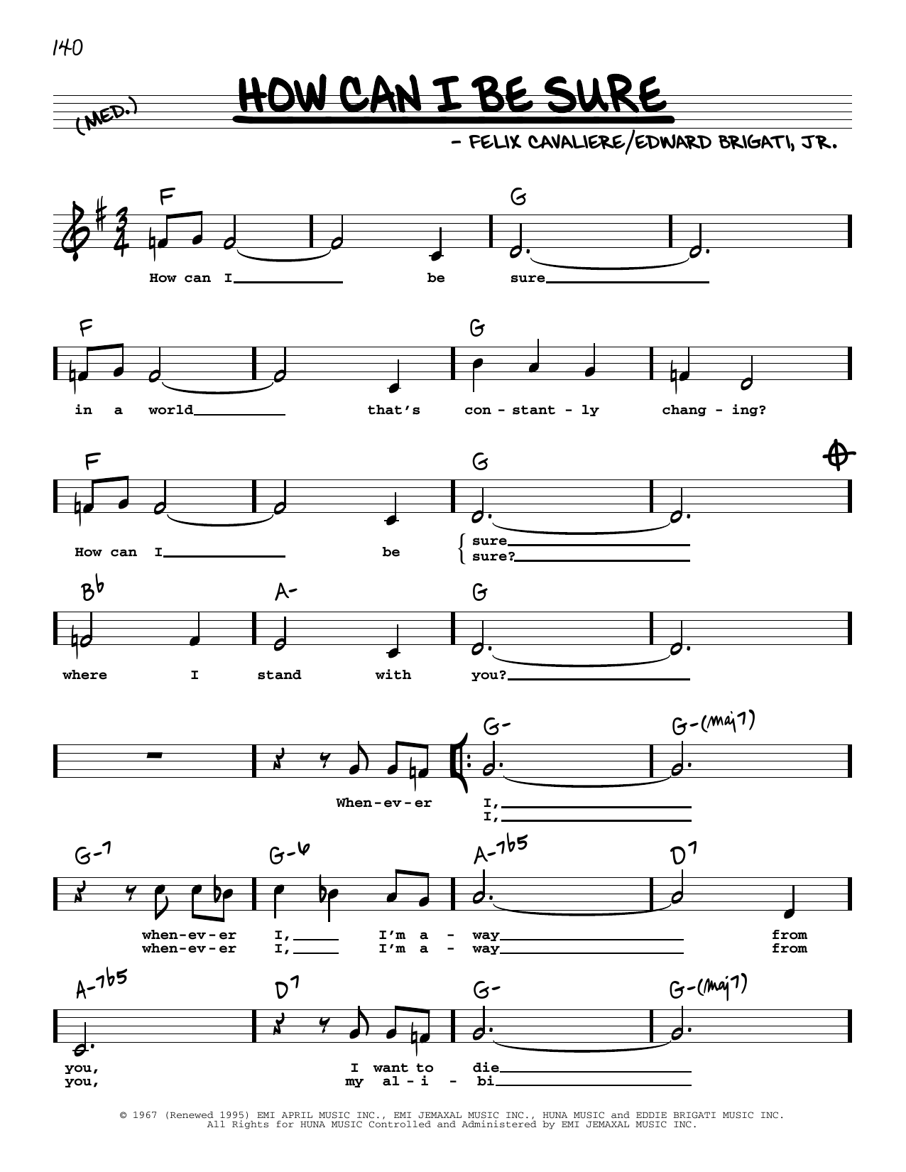 The Young Rascals How Can I Be Sure (High Voice) Sheet Music Notes & Chords for Real Book – Melody, Lyrics & Chords - Download or Print PDF