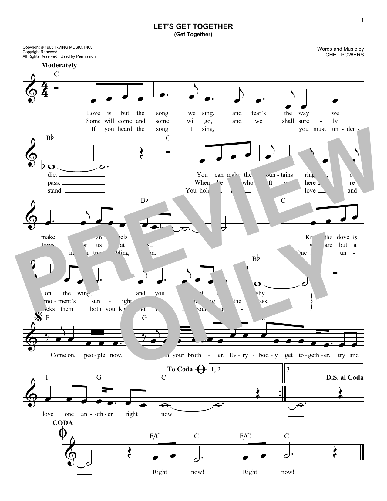 The Youngbloods Let's Get Together (Get Together) Sheet Music Notes & Chords for Melody Line, Lyrics & Chords - Download or Print PDF